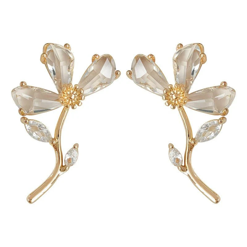 Pack of 2 Gold Plated Crystal Flower Studs & Emerald Cut Drop Earrings | Floral CZ Studs with Crystal Statement Earrings
