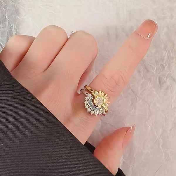Celestial Sun Moon Ring - Bold Gold Silver Crystal Finger Ring Set