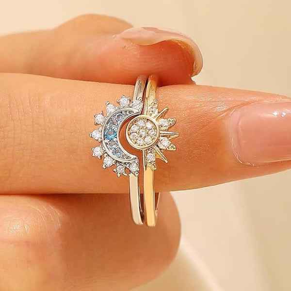 Celestial Sun Moon Ring - Bold Gold Silver Crystal Finger Ring Set