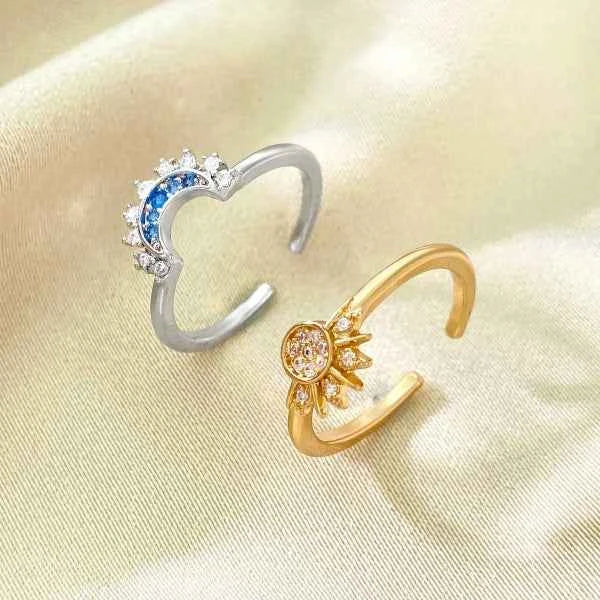 Celestial Sun Moon Ring - Bold Gold Silver Crystal Finger Ring Set