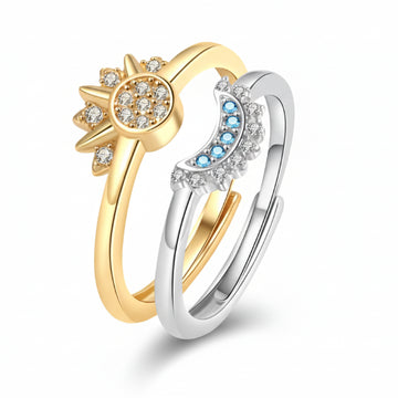 Celestial Sun Moon Ring - Bold Gold Plated Crystal Finger Ring Set