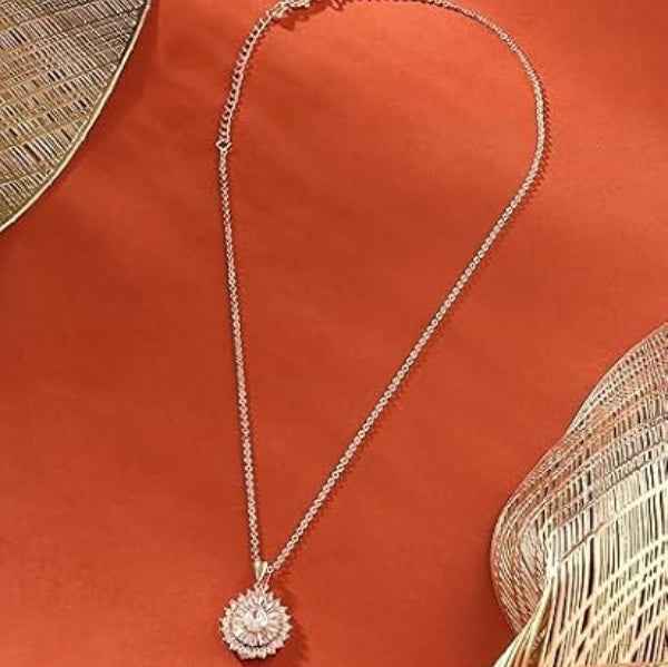 Dazzling Sunburst Diamond Halo Necklace in Rose Gold Finish