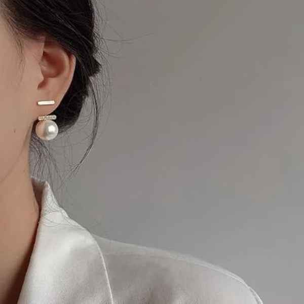 Elegant T-Bar Pearl Earrings | CZ Studs Modern Drop Jewelry