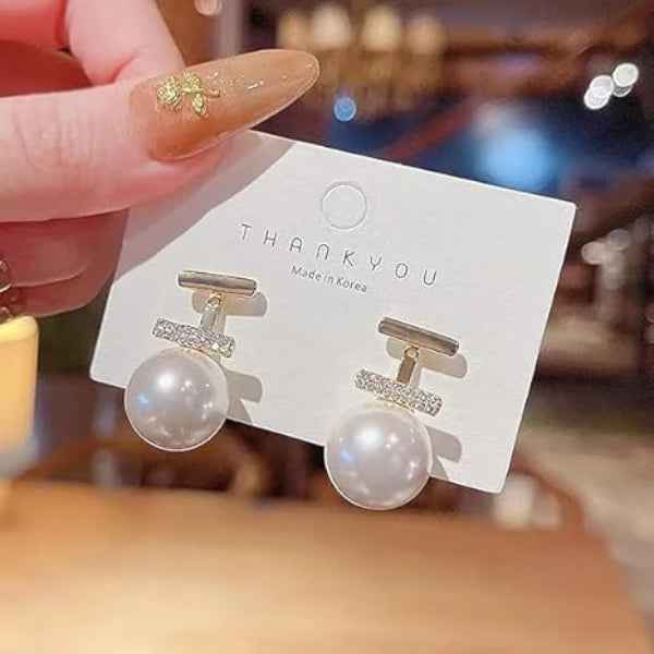 Elegant T-Bar Pearl Earrings | CZ Studs Modern Drop Jewelry