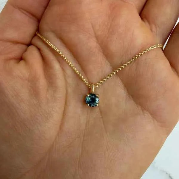 Teal Sapphire Necklace - Solid Gold Solitaire Pendant Jewelry
