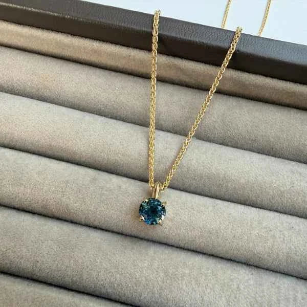 Teal Sapphire Necklace - Solid Gold Solitaire Pendant Jewelry
