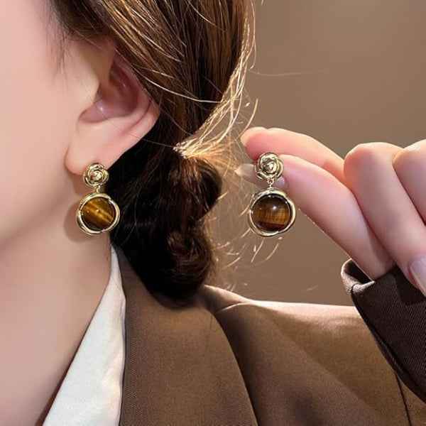 Tigers Eye Earrings - Rose Gold Drops & Natural Stone Jewelry Gift