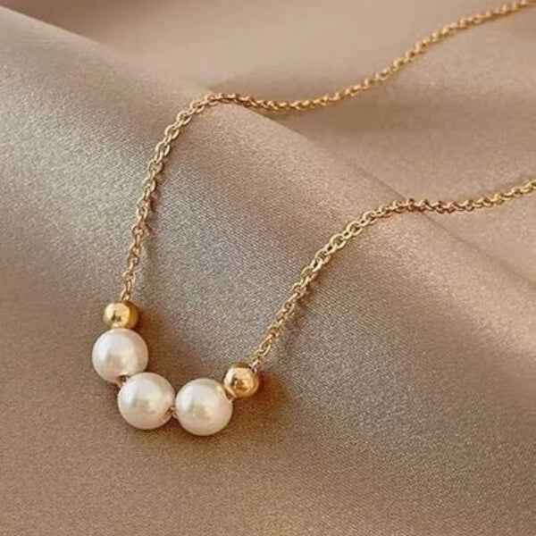 Triple Luminous Pearl Necklace | Chic Floating Gold Bead Jewelry