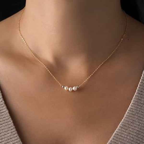 Triple Luminous Pearl Necklace | Chic Floating Gold Bead Jewelry