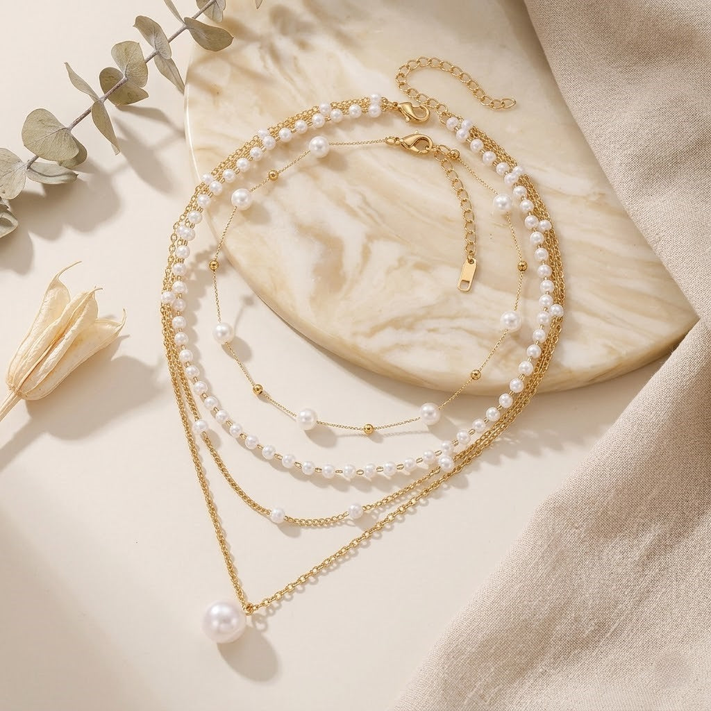 Pack of 2 Gold Plated Pearl Choker Necklace | Layered Multi-Strand Pearl Choker with Dainty Minimalist Beaded Pearl Necklace