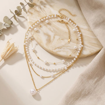 Pack of 2 Gold Plated Pearl Choker Necklace | Layered Multi-Strand Pearl Choker with Dainty Minimalist Beaded Pearl Necklace