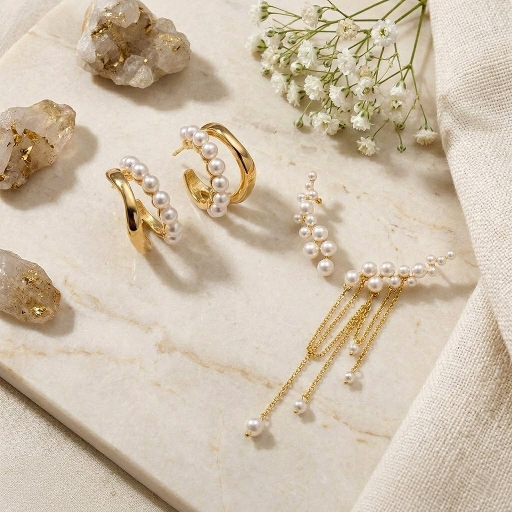 Pack of 2 Gold Plated Pearl Huggie Hoops & Pearl Ear Climbers | Minimalist C-Shape Hoops with Dainty Pearl Crawler Earrings