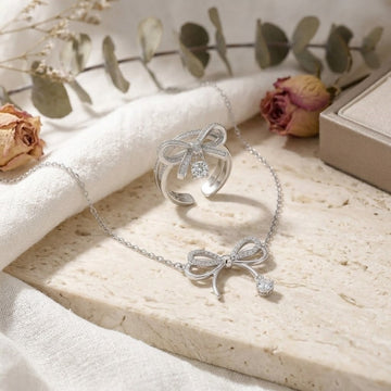 Pack of 2 Silver Plated Bow Necklace & Bow Ring | Dainty Ribbon CZ Pendant with Sparkling Cubic Zirconia Charm Ring