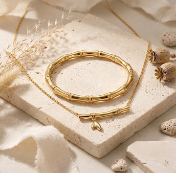Pack of 2 Gold Plated Bamboo Necklace & Bamboo Bangle Bracelet | Dainty Bar Pendant with Polished Jointed Cuff
