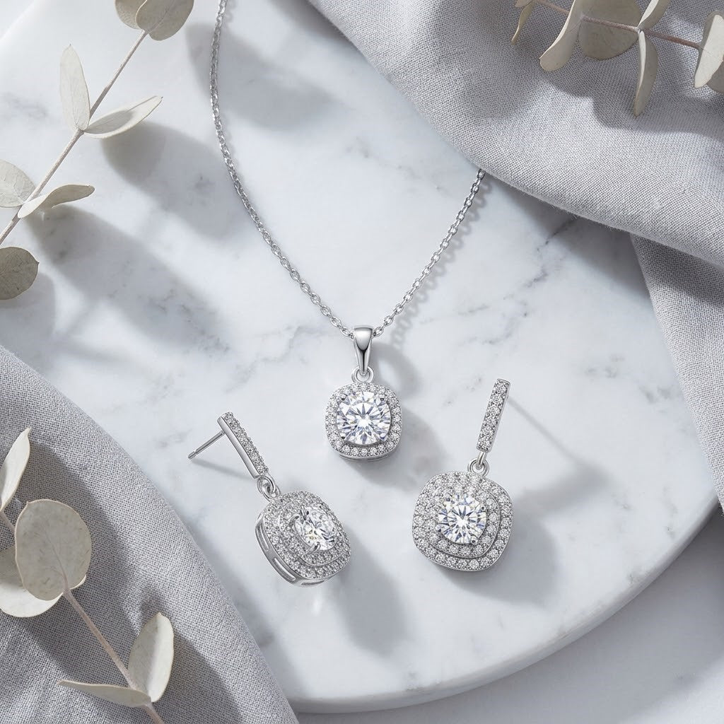 Pack of 2 Austrian Crystal Dangle Earrings & Halo Pendant Necklace | Silver Plated Round Diamond Look Jewelry Set