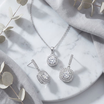 Pack of 2 Austrian Crystal Dangle Earrings & Halo Pendant Necklace | Silver Plated Round Diamond Look Jewelry Set