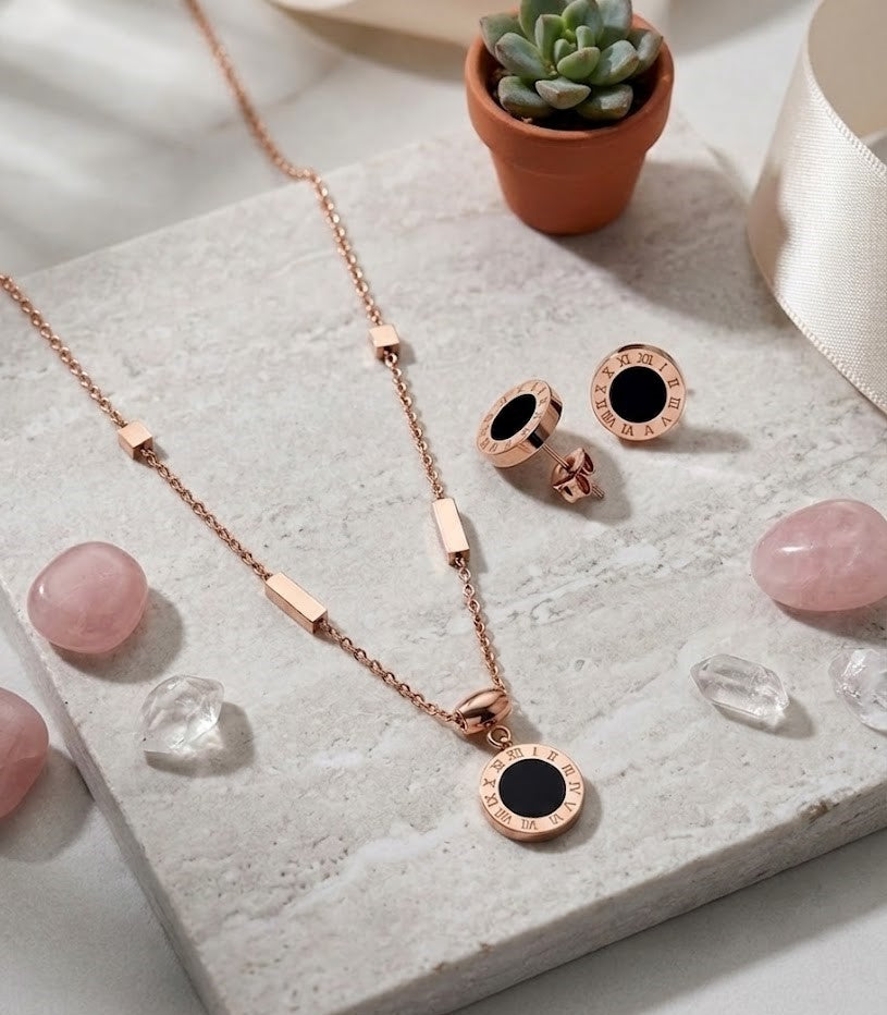Pack of 2 Rose Gold Roman Numeral Necklace & Earrings | Black