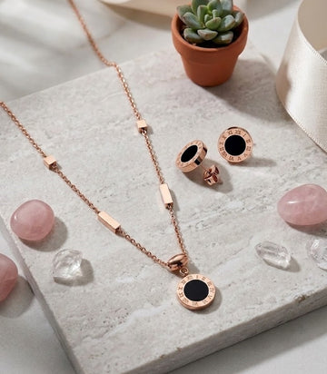 Pack of 2 Rose Gold Roman Numeral Necklace & Earrings | Black Enamel Pendant with Matching Rose Gold Stud Earrings