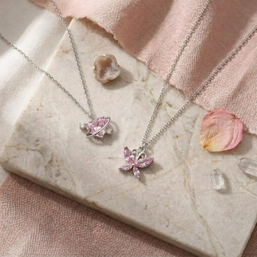 Pack of 2 Pink Heart Saturn Necklace & Pink Butterfly Pendant Necklace | Celestial Love Jewelry with Marquise Gemstone Charm