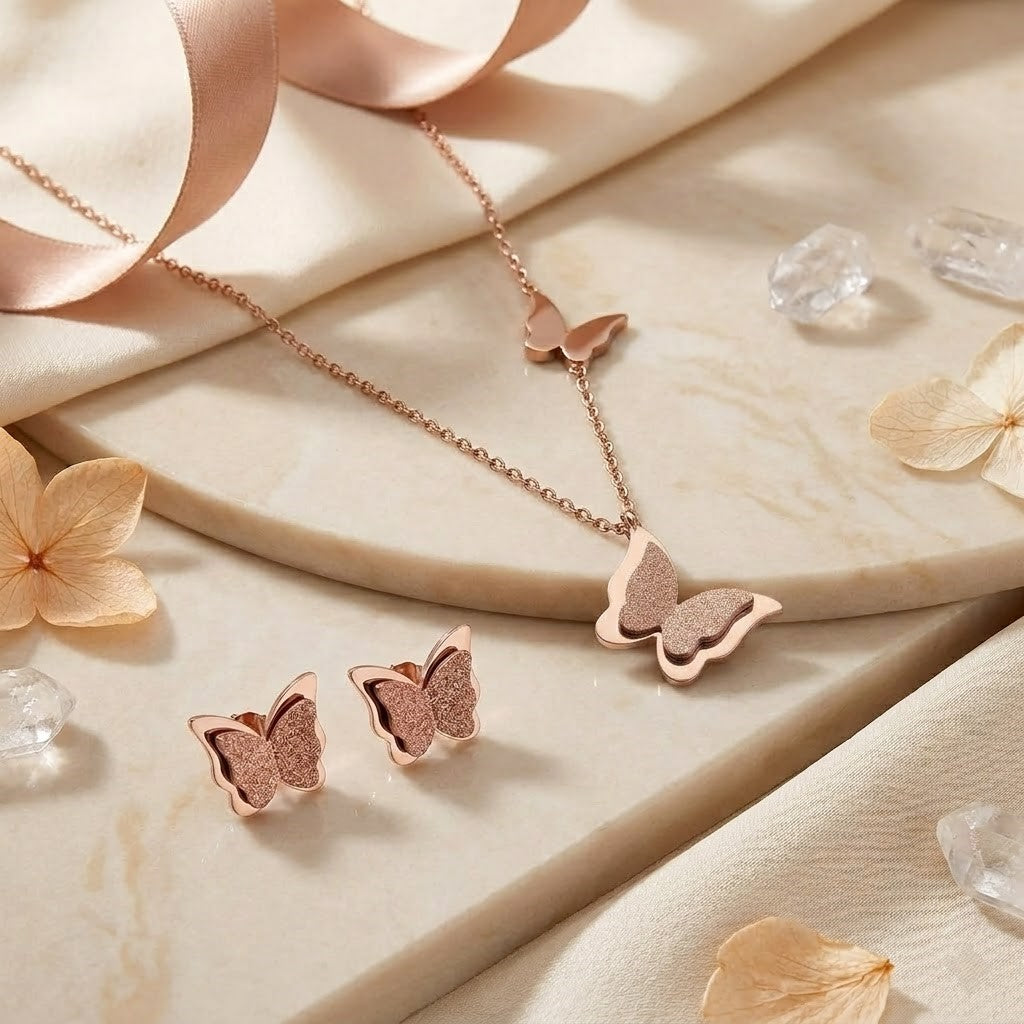 Pack of 2 Rose Gold Butterfly Necklace & Stud Earrings | Dainty Layered Charm Necklace with Sparkling Butterfly Earrings