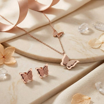 Pack of 2 Rose Gold Butterfly Necklace & Stud Earrings | Dainty Layered Charm Necklace with Sparkling Butterfly Earrings