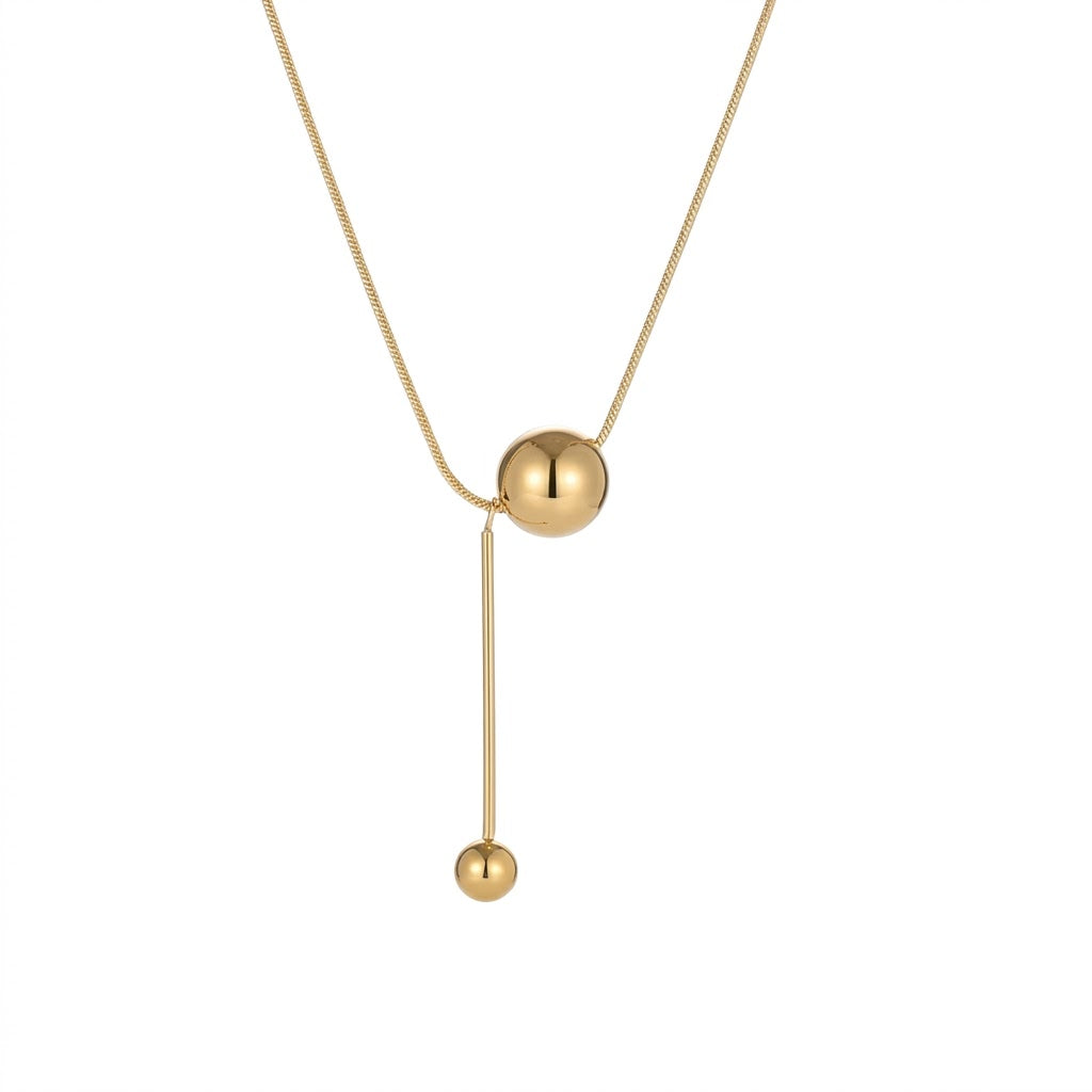Pack of 2 Gold Plated Lariat Y-Necklace & Ball Bypass Ring | Dainty Ball Pendant Necklace with Dual Sphere Adjustable Ring