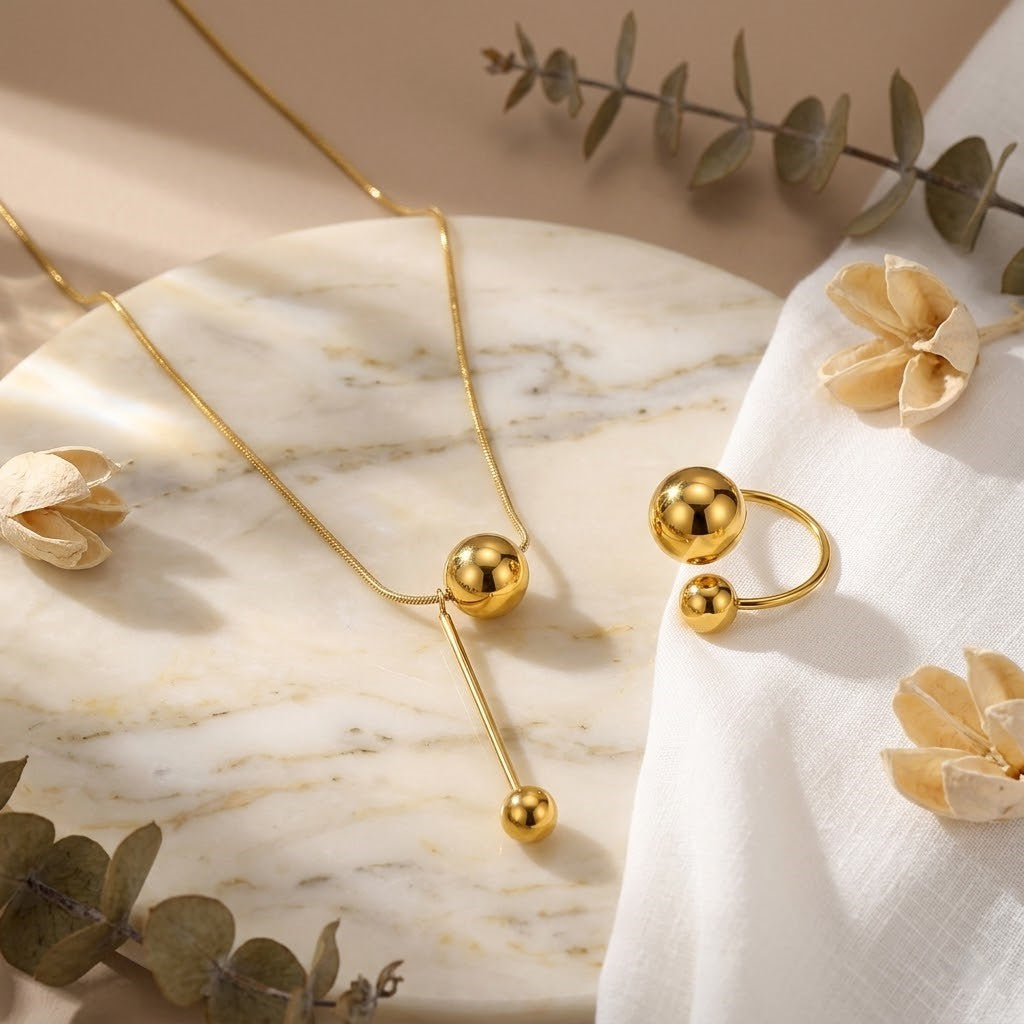 Pack of 2 Gold Plated Lariat Y-Necklace & Ball Bypass Ring | Dainty Ball Pendant Necklace with Dual Sphere Adjustable Ring