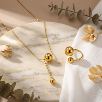 Pack of 2 Gold Plated Lariat Y-Necklace & Ball Bypass Ring | Dainty Ball Pendant Necklace with Dual Sphere Adjustable Ring