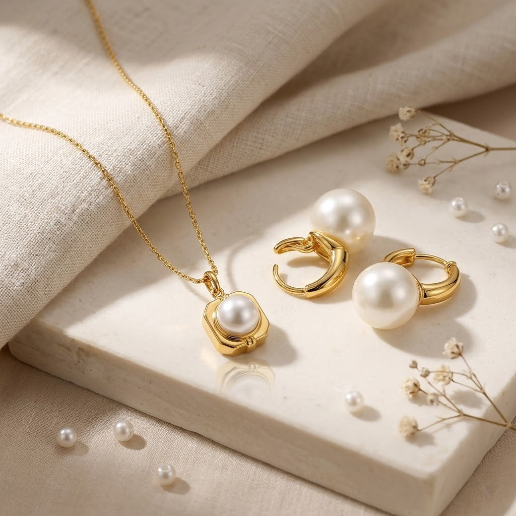 Pack of 2 Gold Plated Geometric Pearl Pendant Necklace & White Pearl Hoop Earrings | Modern Pearl Jewelry Set