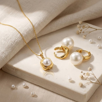 Pack of 2 Gold Plated Geometric Pearl Pendant Necklace & White Pearl Hoop Earrings | Modern Pearl Jewelry Set