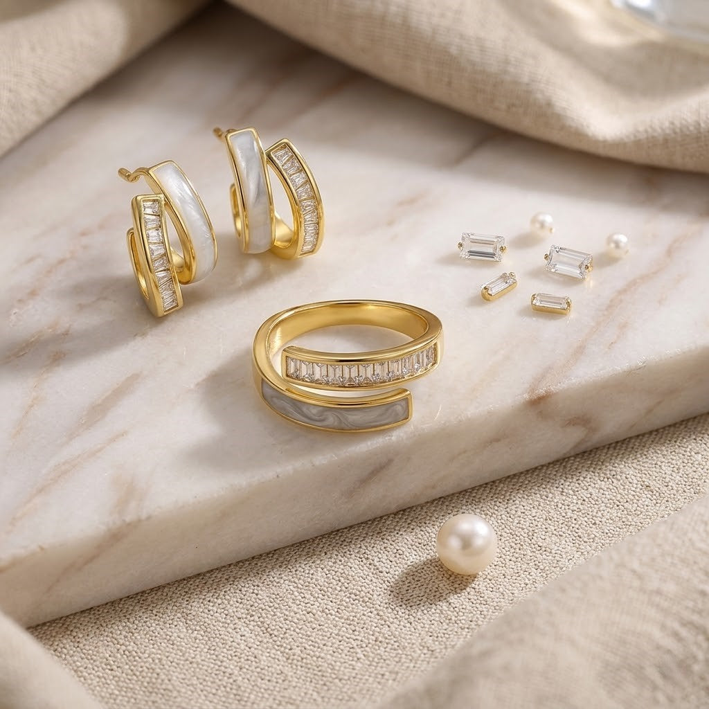 Pack of 2 Gold Plated Baguette Ring & Baguette Hoop Earrings | Bold Bypass Statement Ring with Modern Enamel Hoops