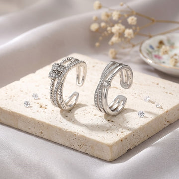 Pack of 2 Silver Plated Spinner Ring & Platinum Adjustable Solitaire Ring | Fidget Beaded Anxiety Ring with Bold Statement Solitaire