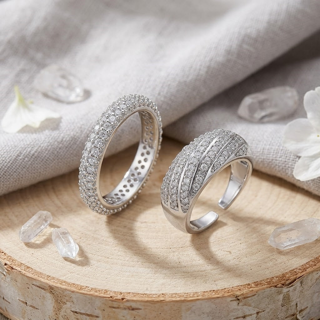 Pack of 2 Silver Plated Eternity Ring & Adjustable Solitaire Ring | Sparkling Full Band Promise Ring with Classic CZ Solitaire