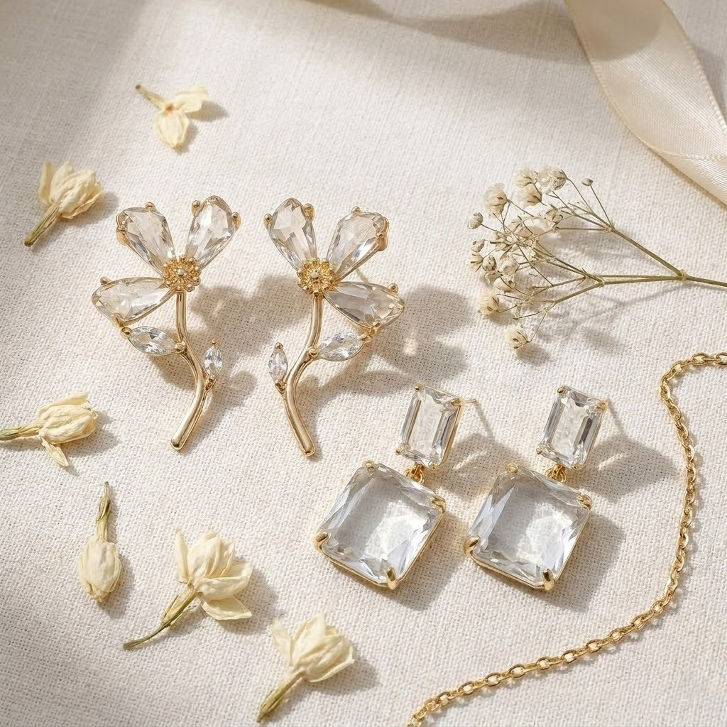 Pack of 2 Gold Plated Crystal Flower Studs & Emerald Cut Drop Earrings | Floral CZ Studs with Crystal Statement Earrings