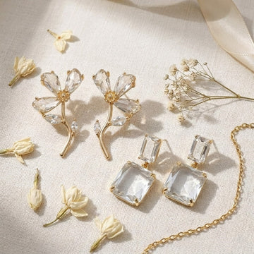 Pack of 2 Gold Plated Crystal Flower Studs & Emerald Cut Drop Earrings | Floral CZ Studs with Crystal Statement Earrings