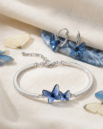 Pack of 2 Blue Crystal Butterfly Earrings & Silver Plated Butterfly Bangle | Dangle Leverback Earrings with Crystal Statement Bracelet