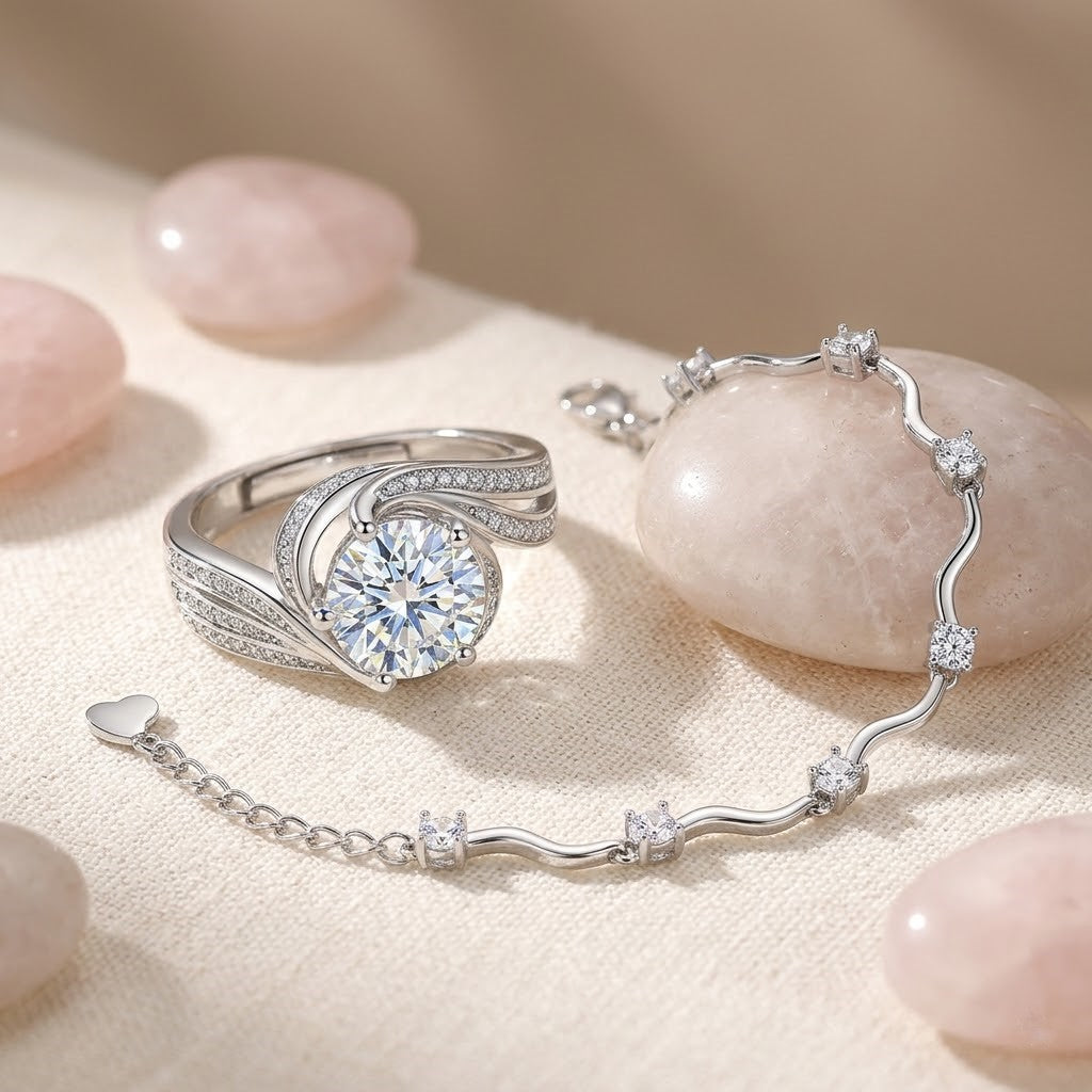 Pack of 2 Moissanite Engagement Ring & Silver Plated Wavy Bracelet | Solitaire Promise Band with Sterling Silver Crystal Link Bangle