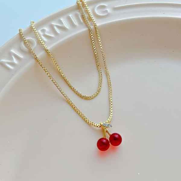 Chic Vibrant Cherry Pendant Necklace | Whimsical Gold Fruit Jewelry