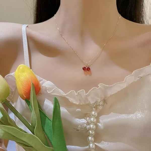 Chic Vibrant Cherry Pendant Necklace | Whimsical Gold Fruit Jewelry