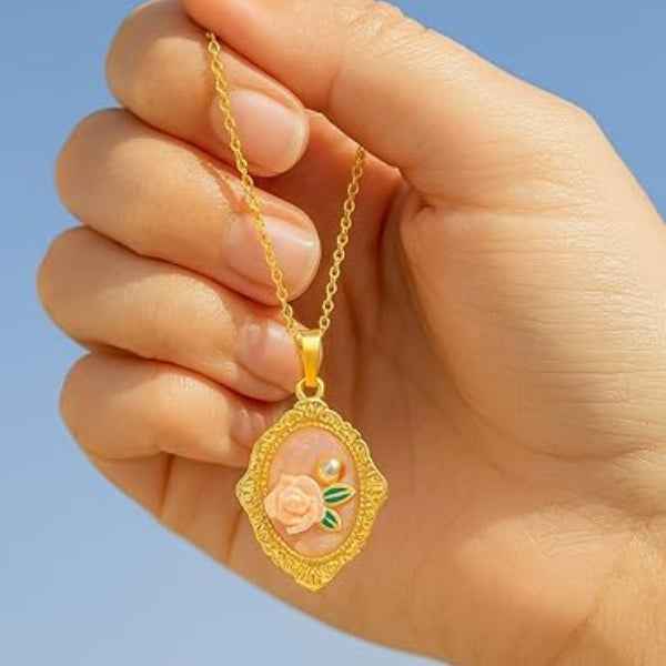 Vintage Rose Cameo Necklace | Intricate Gold Floral Medallion