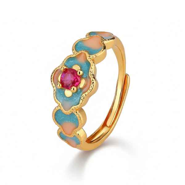 Vintage Enamel Ring: Floral Cloisonne Band Boho Stackable Jewelry