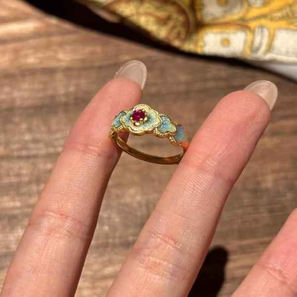 Vintage Enamel Ring: Floral Cloisonne Band Boho Stackable Jewelry