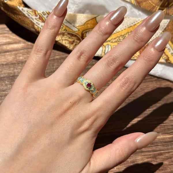 Vintage Enamel Ring: Floral Cloisonne Band Boho Stackable Jewelry