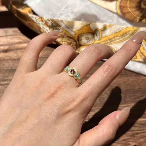 Vintage Enamel Ring: Floral Cloisonne Band Boho Stackable Jewelry