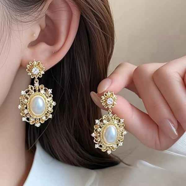 Vintage Pearl Earrings: Gold Filigree Drop Earrings for Women