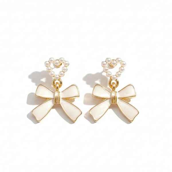 White Bow Earrings - Pearl Heart Jewelry & Gold Ribbon Drops