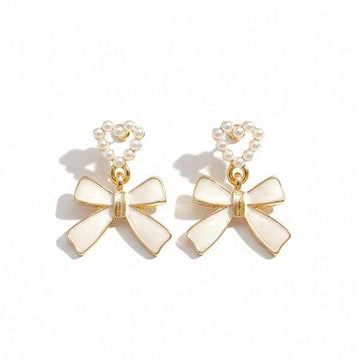 White Bow Earrings - Pearl Heart Jewelry & Gold Ribbon Drops