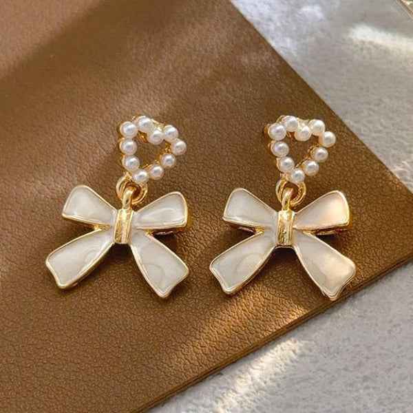 White Bow Earrings - Pearl Heart Jewelry & Gold Ribbon Drops