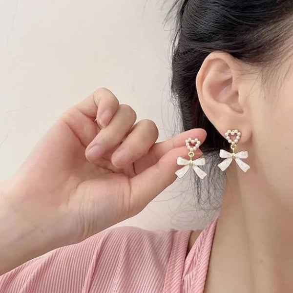 White Bow Earrings - Pearl Heart Jewelry & Gold Ribbon Drops