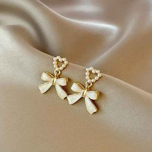 White Bow Earrings - Pearl Heart Jewelry & Gold Ribbon Drops